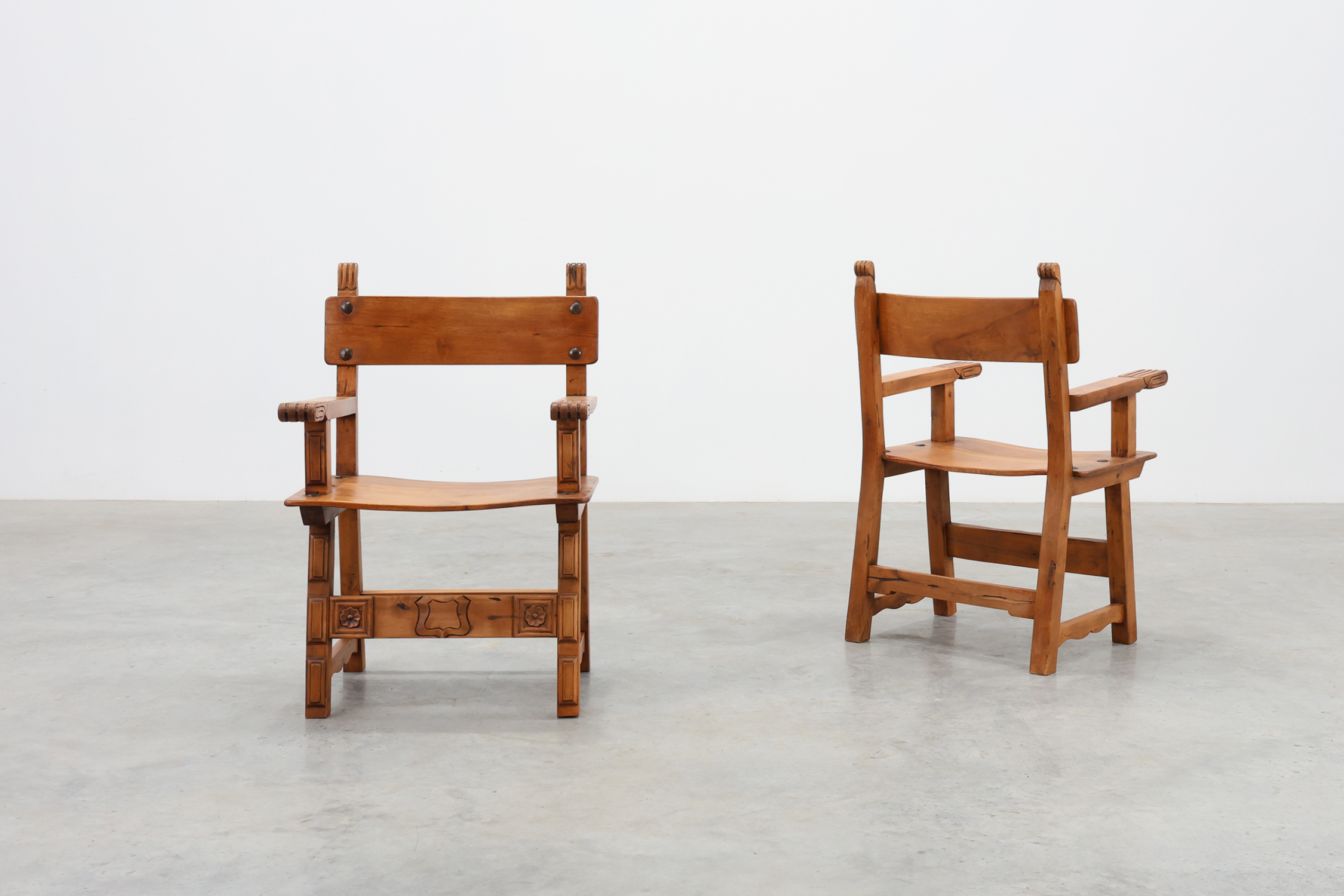 Pair of 2 Rustic carved oak side chairs, Spain ca. 1900thumbnail